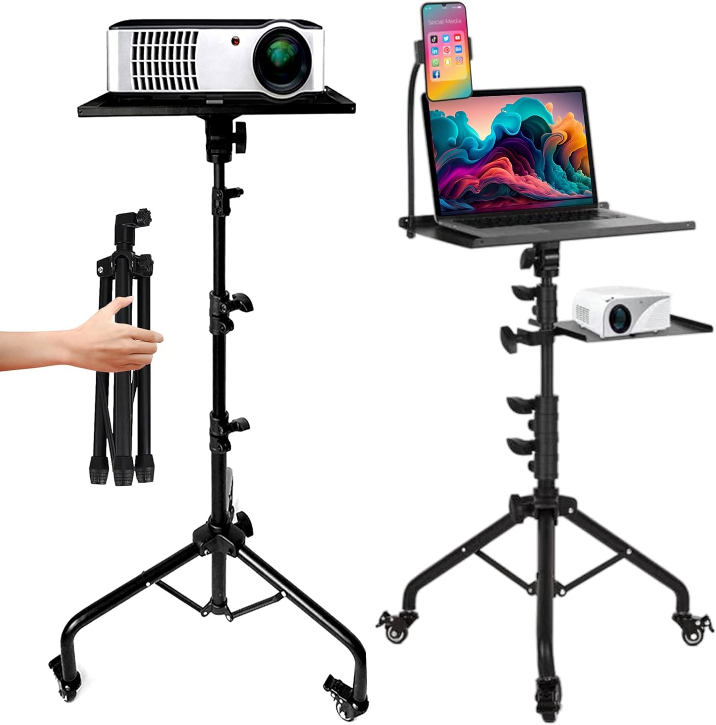 Portable Laptop & Projector Stand - Adjustable Height, Wheeled, Phone Holder