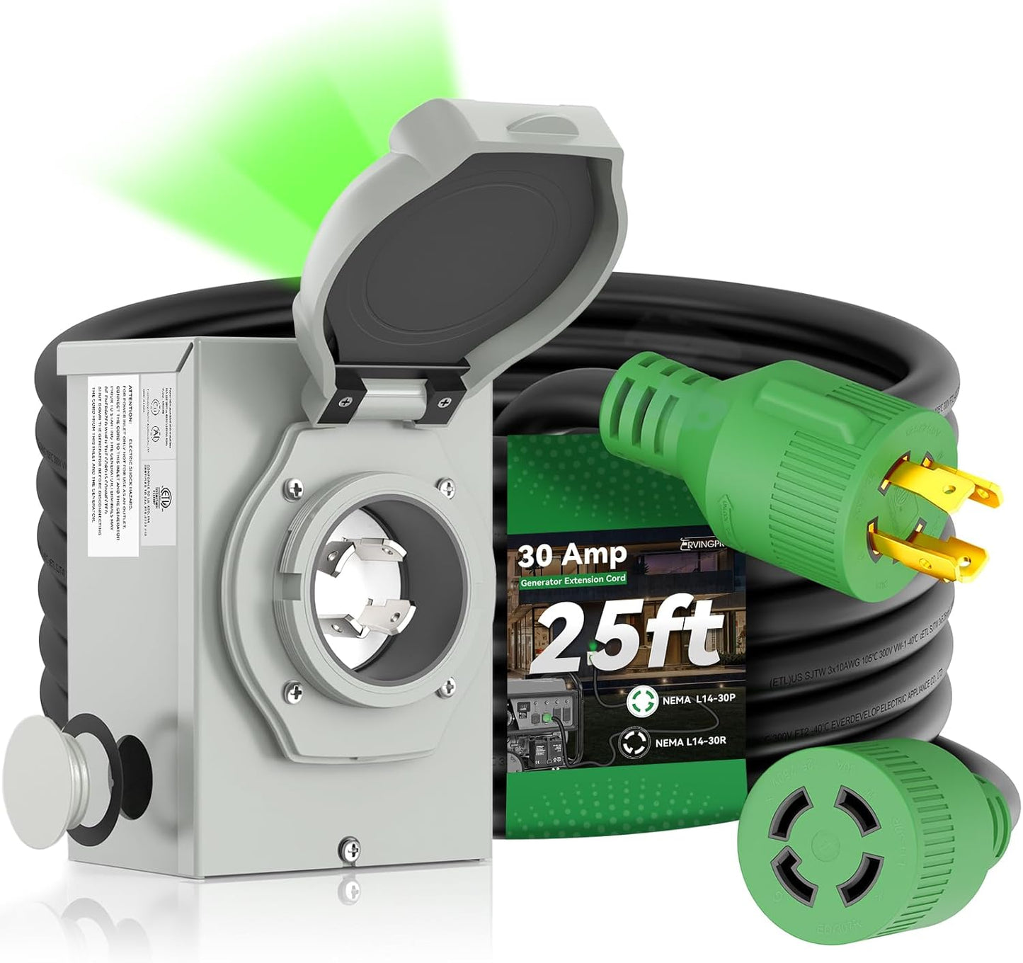 30 Amp Generator Cord and Inlet Box RVINGPRO 25FT Combo