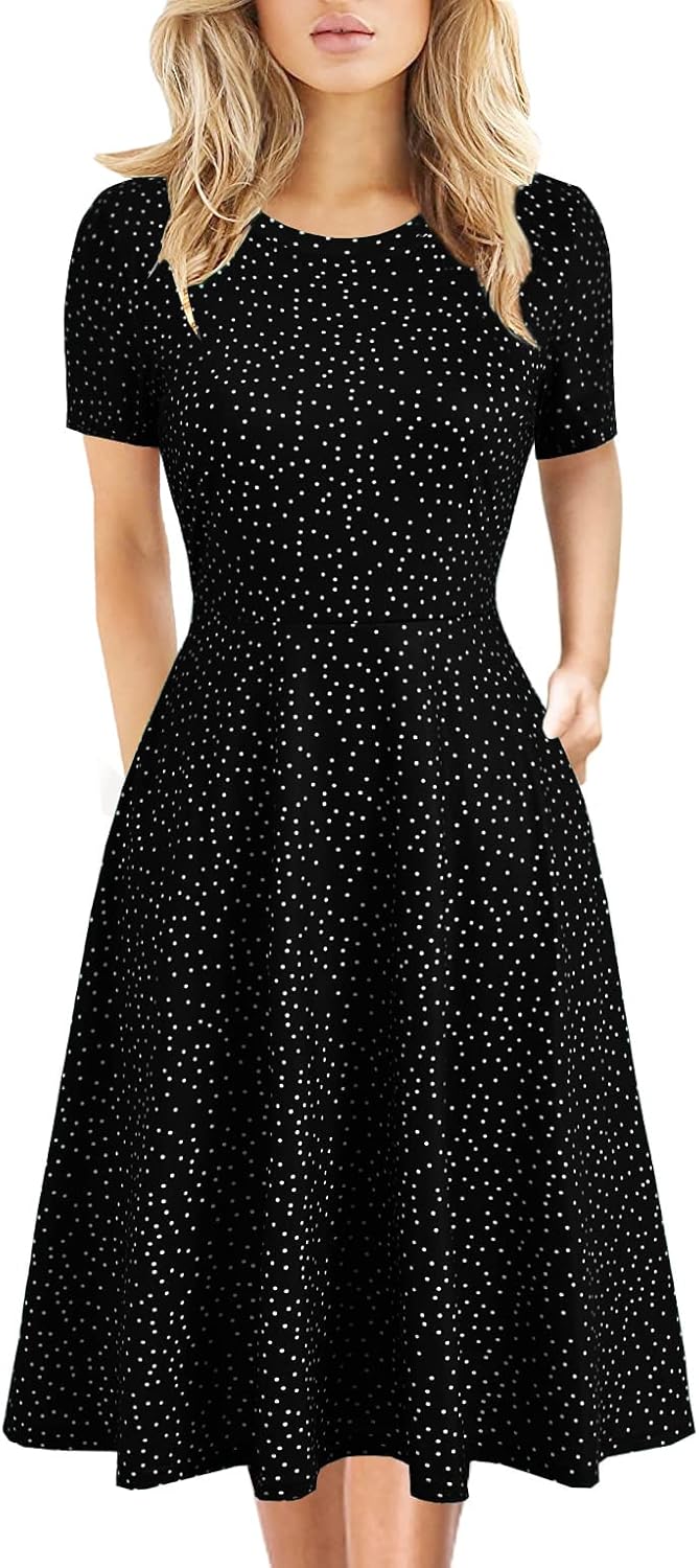 Women's Elegant Knee Length Floral Print Swing Dress with Pockets