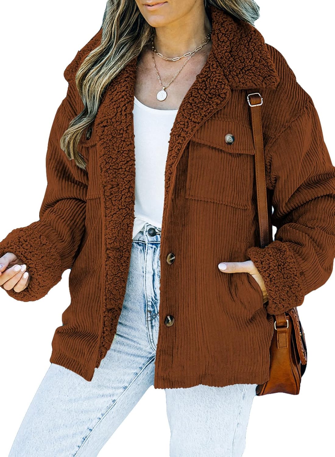 Stylish Corduroy Sherpa Jacket for Women - Winter Warm Coat