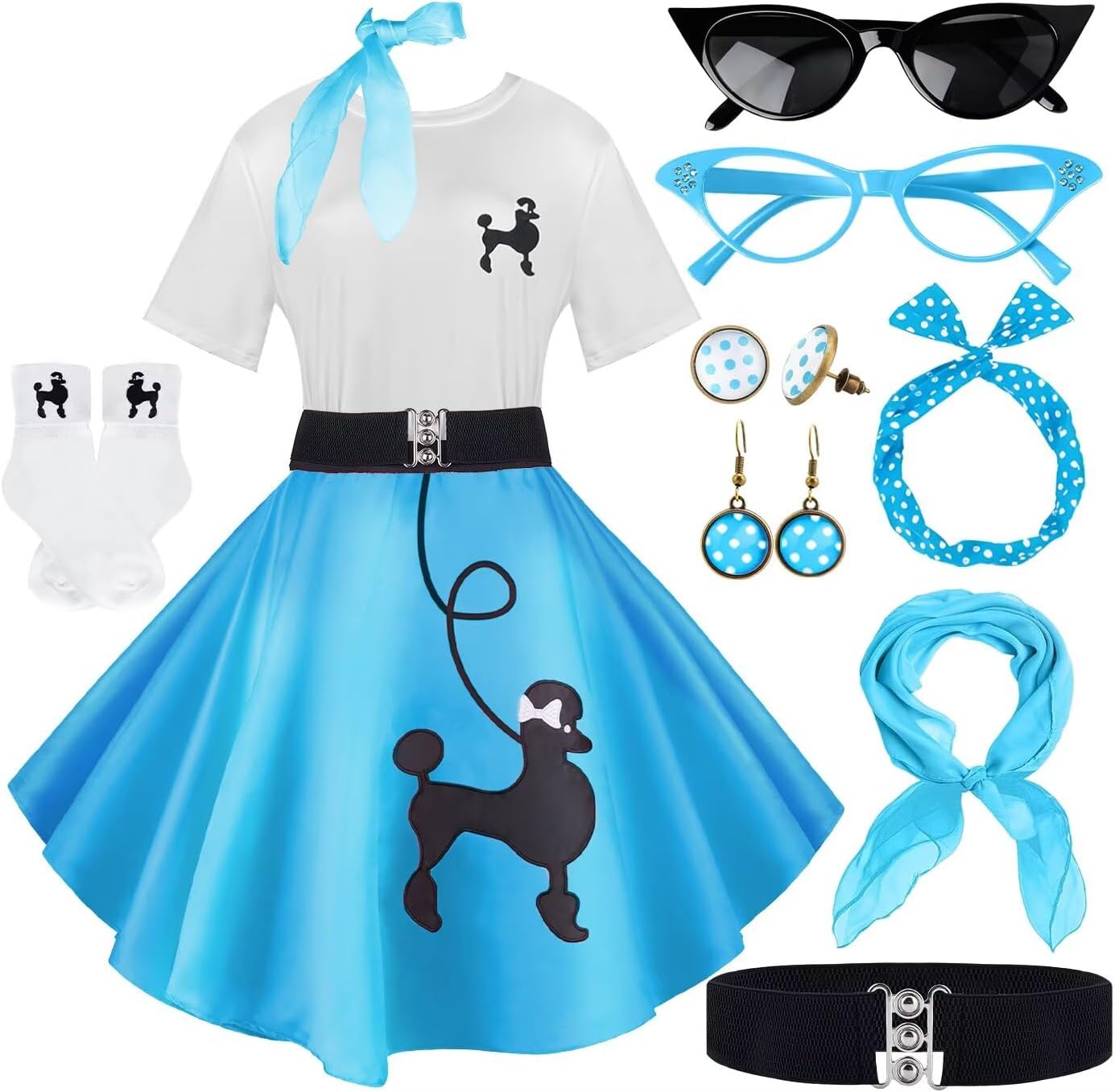 10Pcs Sock Hop Outfits for Women with 1950s Poodle Skirts
