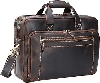 Compalo Men's Solid Thick Full Grain Leather 17.3in Laptop Briefcase