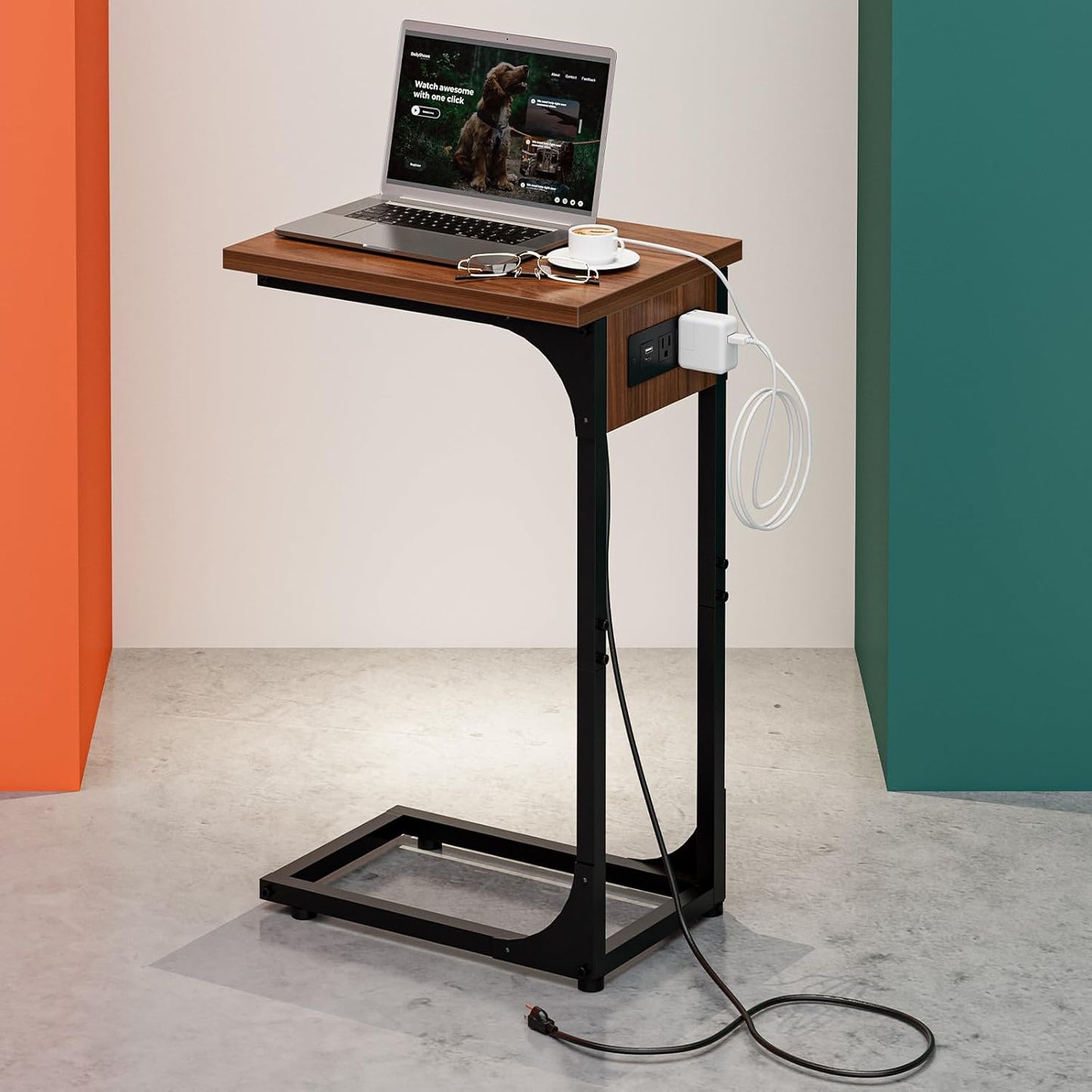 C-Shaped Side Table for Couch with Built-in Charging Station