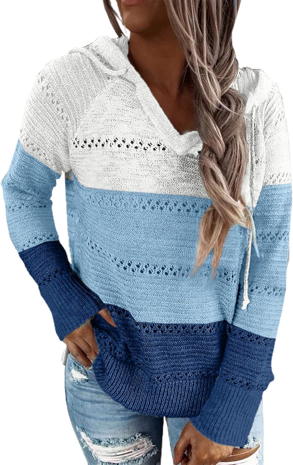 BLENCOT Women Color Block Hooded Crochet Striped Sweater Review