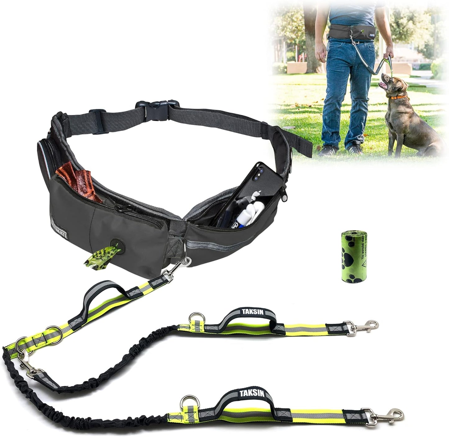 TAKSIN Hands Free Double Leash System for Two Dogs Walking