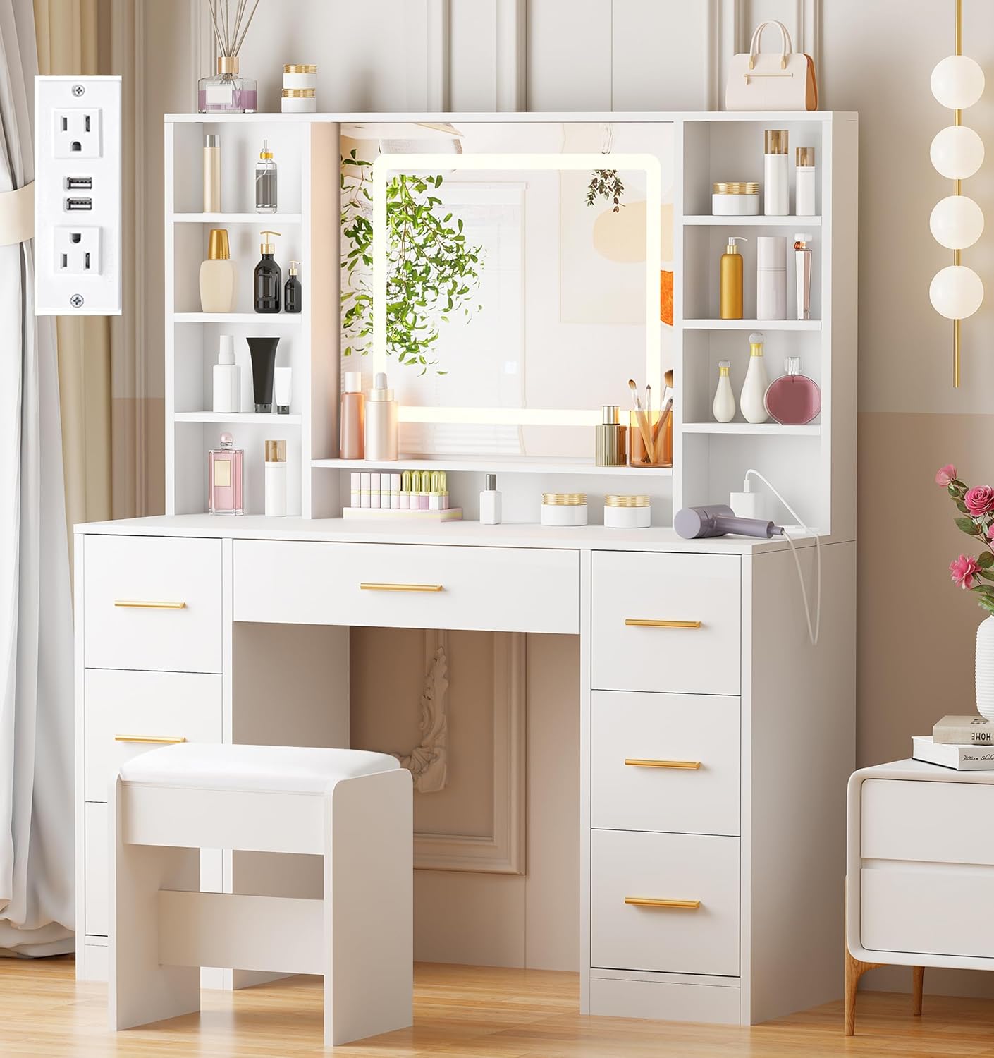 Lighted Mirror Vanity Desk - Adjustable Brightness