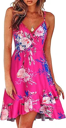 ULTRANICE Womens Summer Floral Wrap V Neck Adjustable Dress