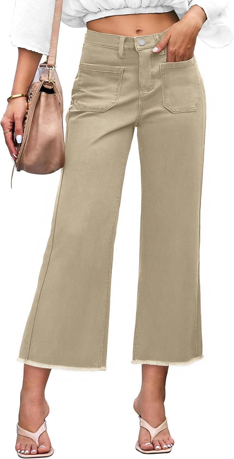 Denim Women Cropped Trousers High Rise Stretchy Pants with Pockets