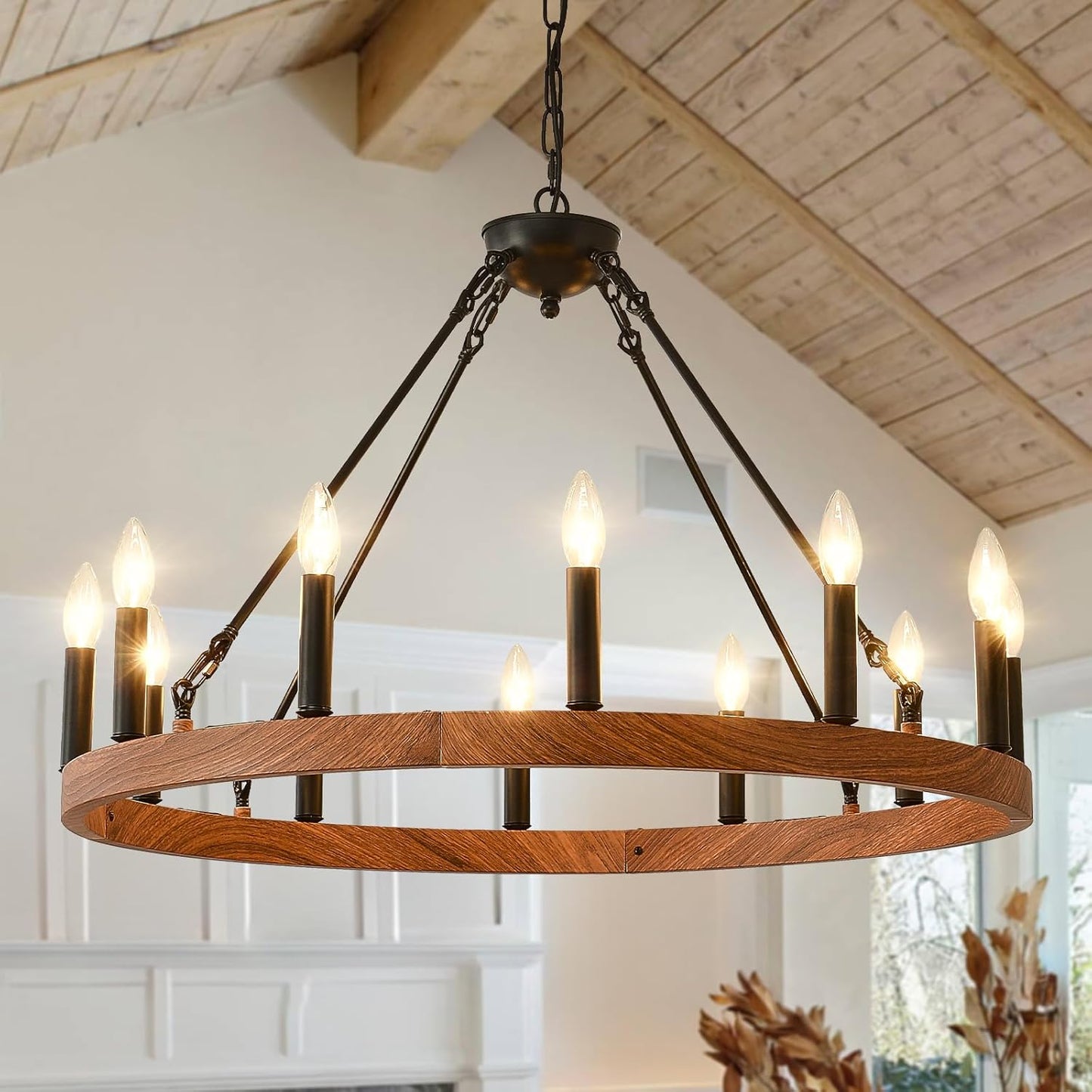 Wagon Wheel Chandelier 32in with Wood Grain Finish for Dining Room