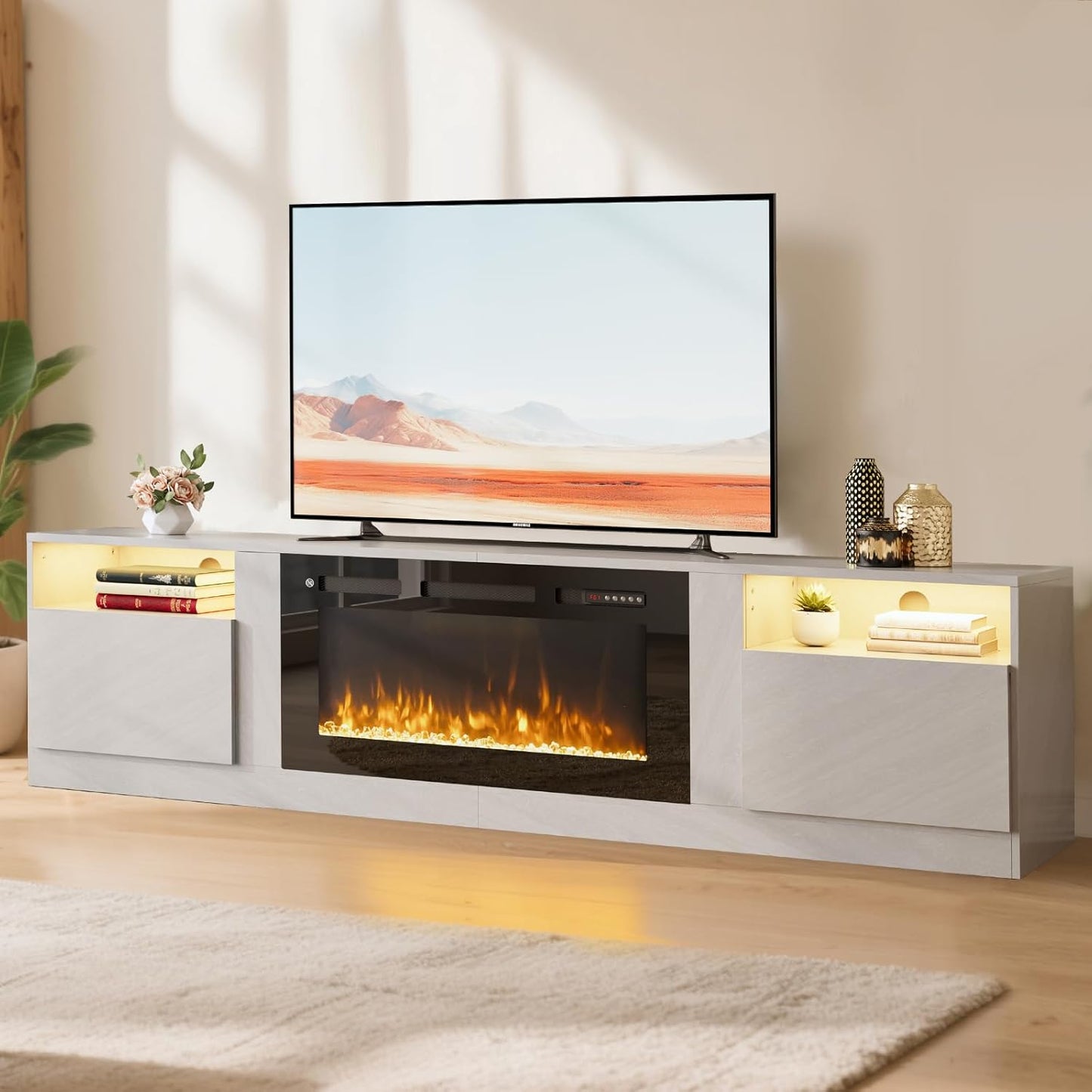 70in TV Stand with Electric Fireplace and LED Lights for TVs