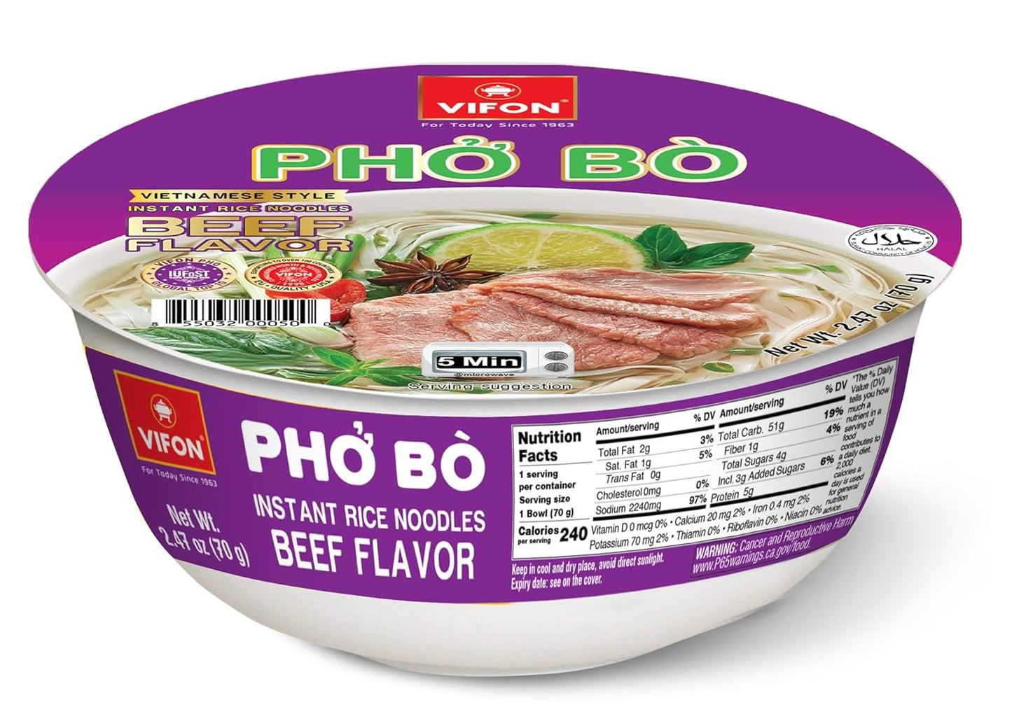 Vifon Beef Flavor Instant Rice Noodles Bowl - Pho Bo Delight