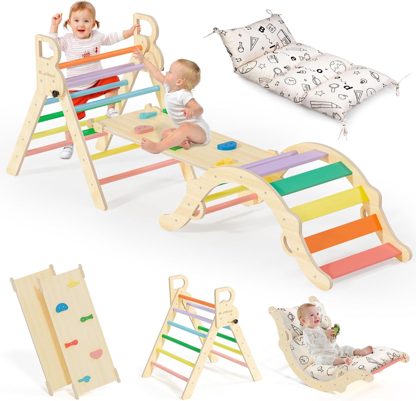 BlueWood Pikler Triangle Set: 8-in-1 Climbing Toys for Kids