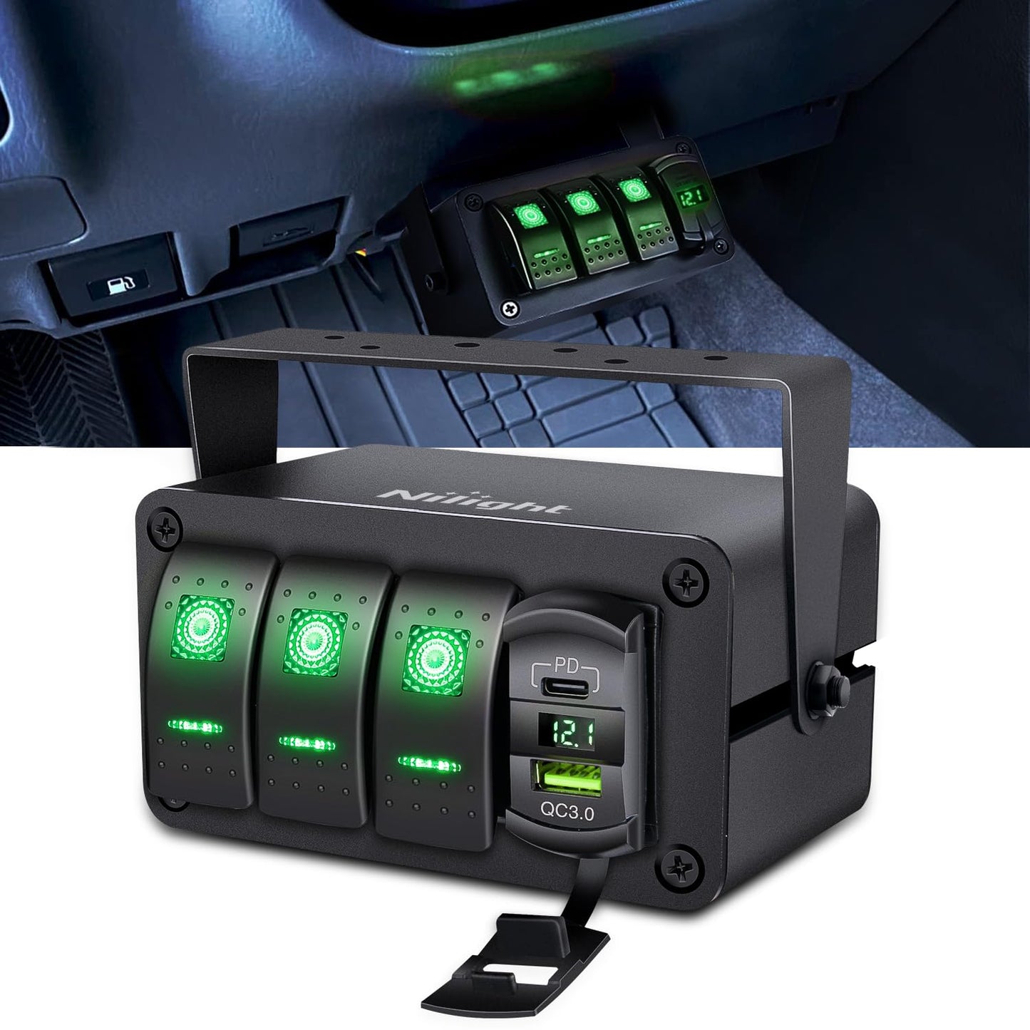 Nilight 3 Gang Rocker Switch Box with USB Charger and Voltmeter
