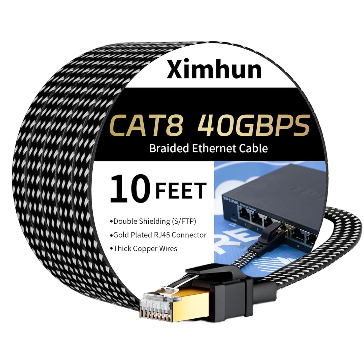 Ximhun Cat 8 Ethernet Cable 10FT - 40Gbps High-Speed Internet