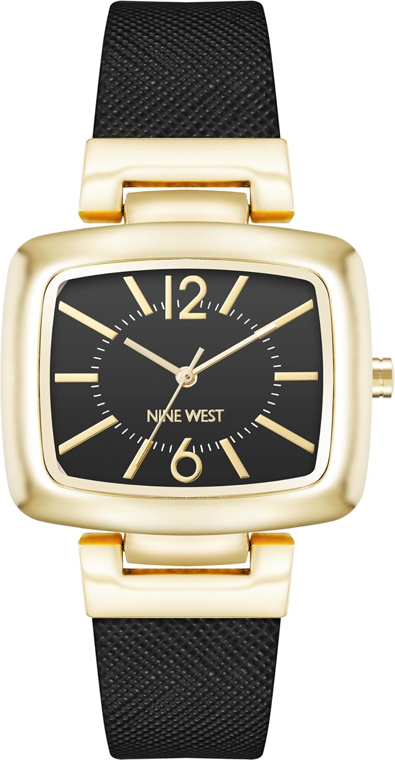Nine West Women's Strap Watch with Matte Black Dial and Gold-Tone