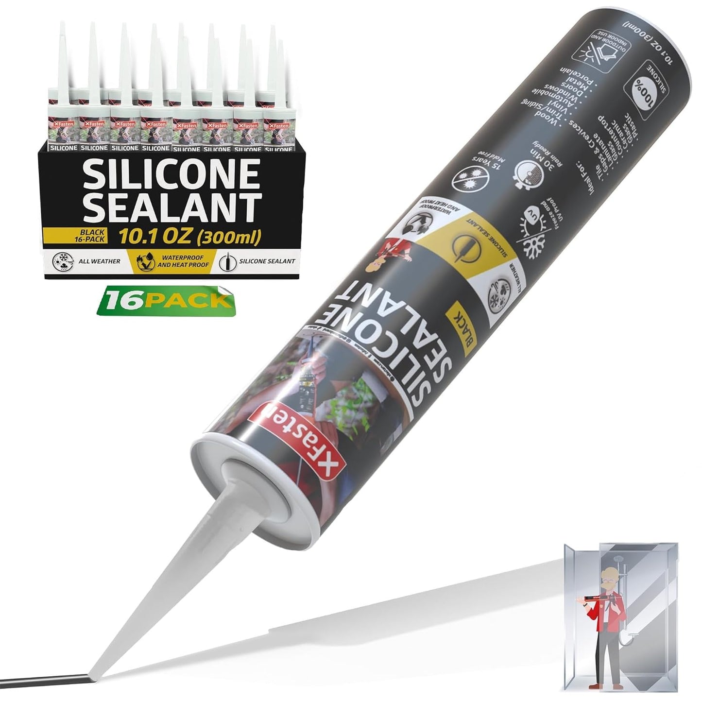 XFasten Black Silicone Caulk 10.1oz for Waterproof Sealing