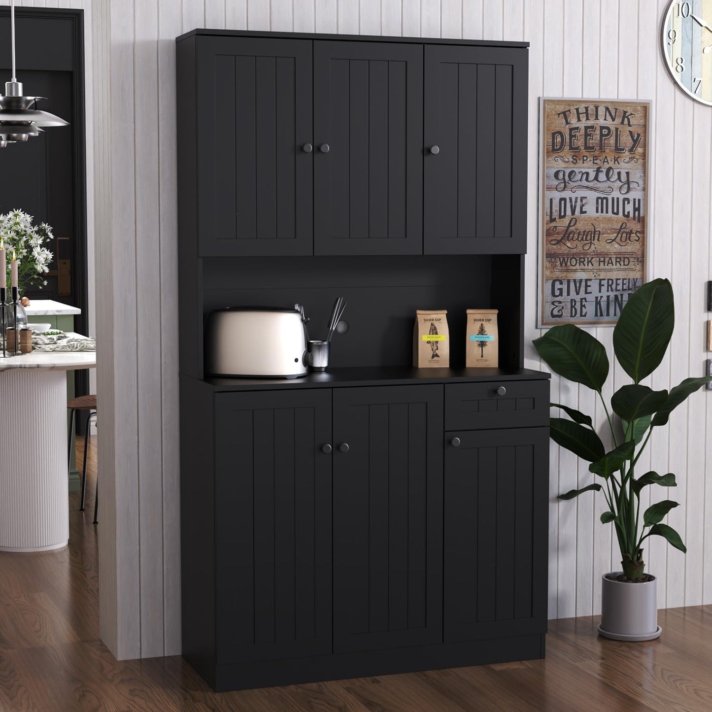 Modern Kitchen Pantry Cabinet w/ Adjustable Shelves - Black