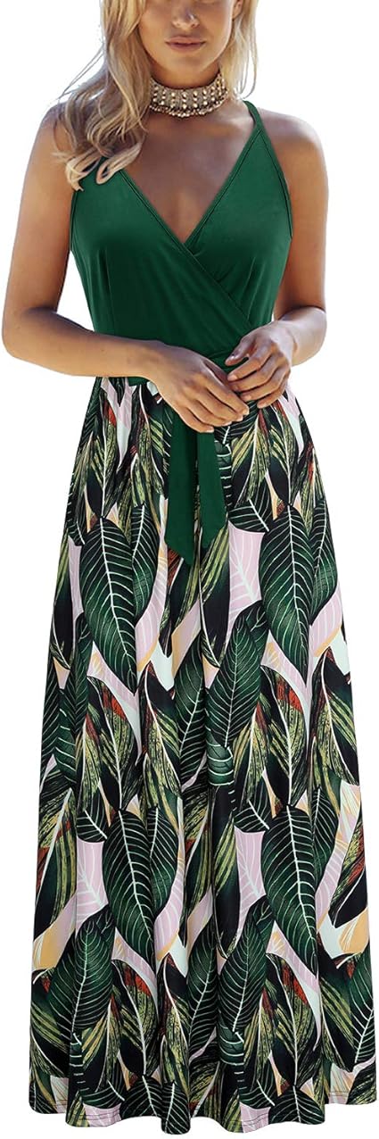 OUGES Womens Summer Deep V Neck Floral Beach Maxi Dress Review