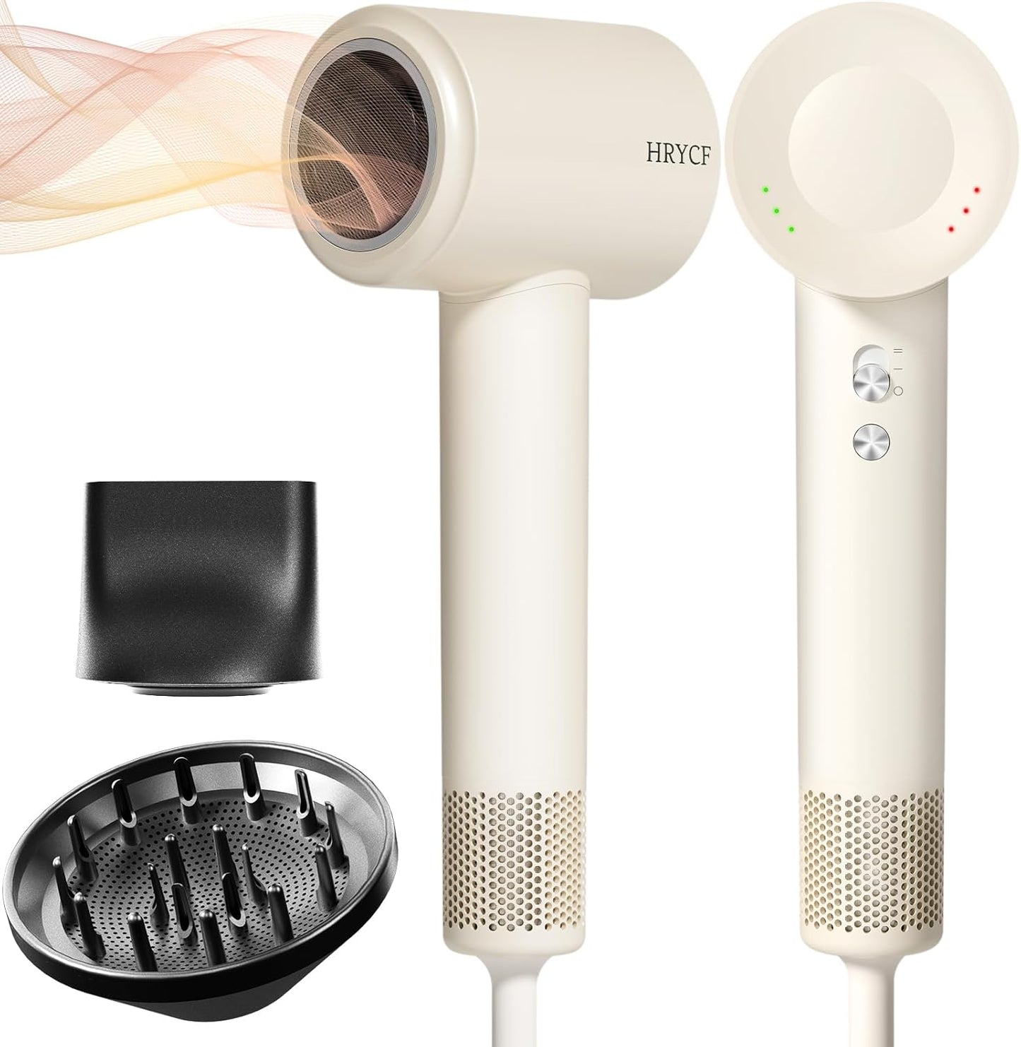Fast Drying Ionic Hair Dryer, Low Noise, with Diffuser & Nozzle