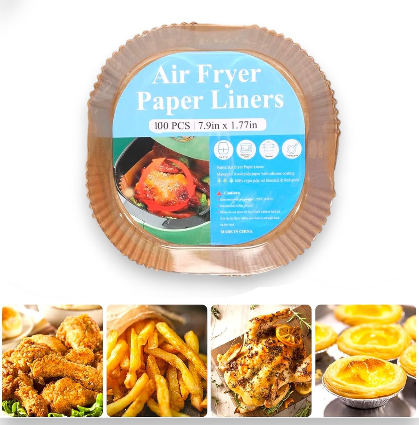 Non-Stick Air Fryer Liners - 100 Pcs, Oil-Proof & Heat-Resistant 7.9 inch for Ninja & Cosori