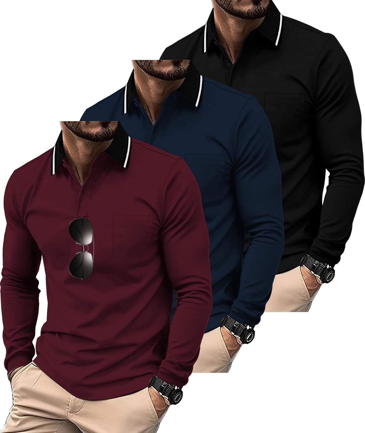 ZITY 3 Pack Men Long Sleeve Polo Shirts for Casual Work and Golf