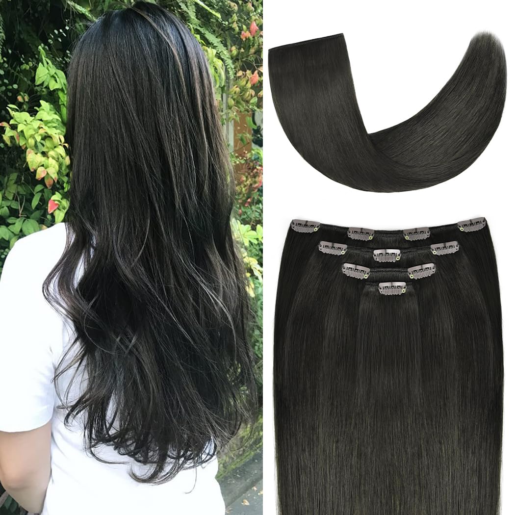 14 Clip in Hair Extensions Remy Human Hair for Women Natural Black