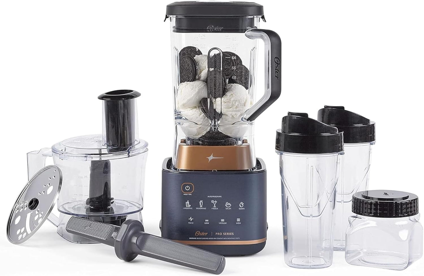 Powerful Oster Pro Kitchen System - XL 9-Cup Jar, Food Processor, Blend-n-Go Cups, Tamper Tool - Dark Blue