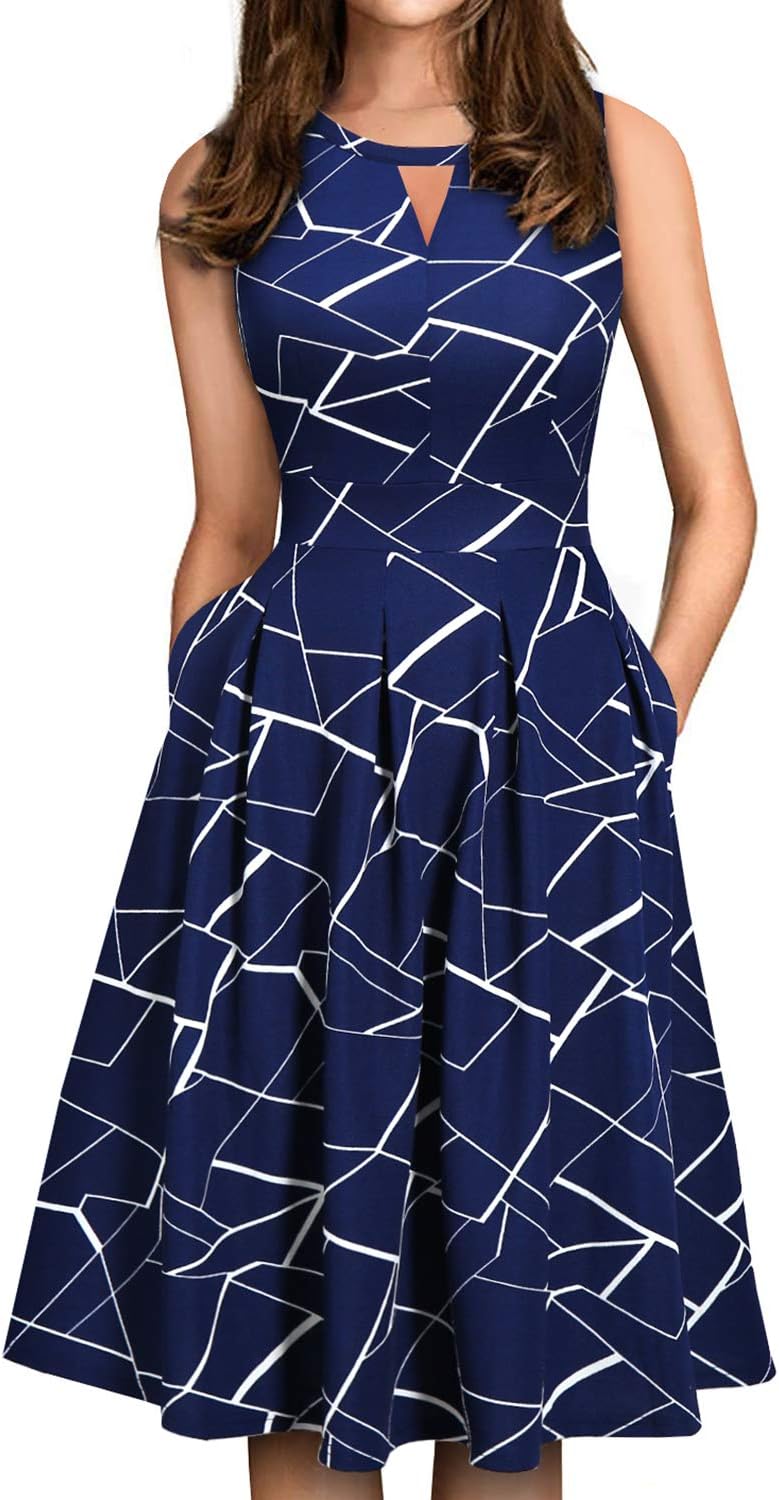 Sureple Women's Retro Sleeveless Swing Dress with Pockets