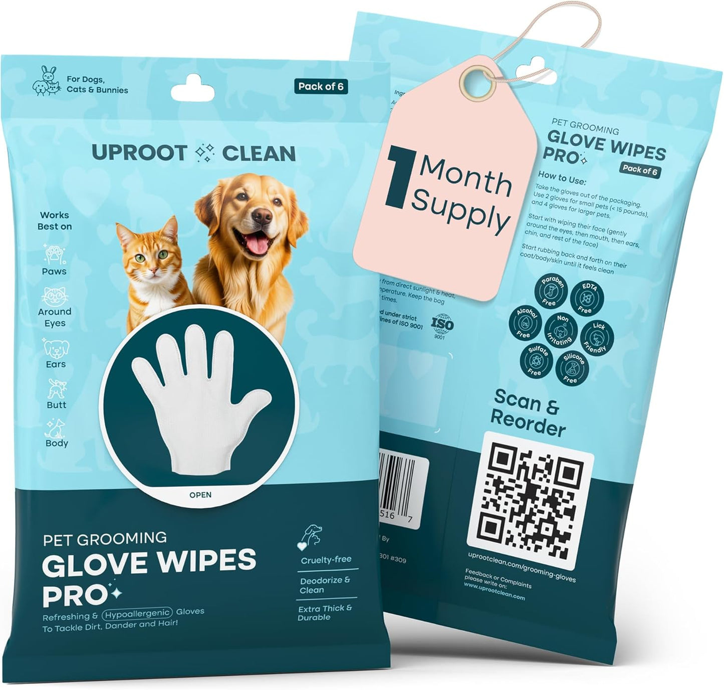Uproot Clean Pet Glove Wipes: 1-Month Supply - Easy Deodorizing & Grooming!