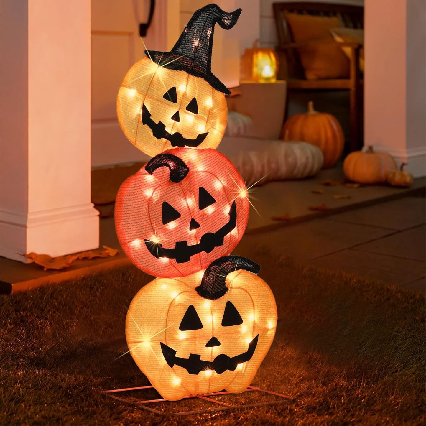 Halloween Lighted 3 Stacked Pumpkins for Festive Decor
