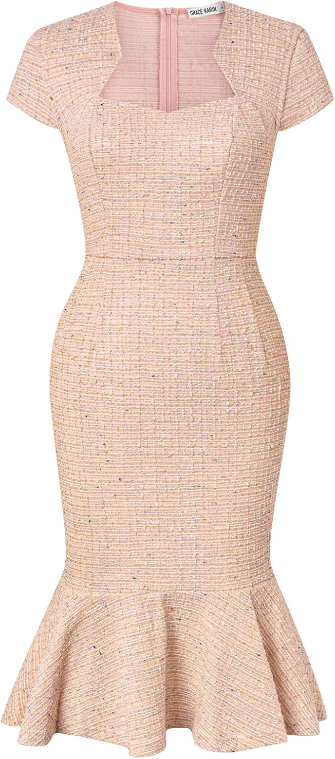 Elegant Cap Sleeve Fishtail Tweed Cocktail Bodycon Dress Review