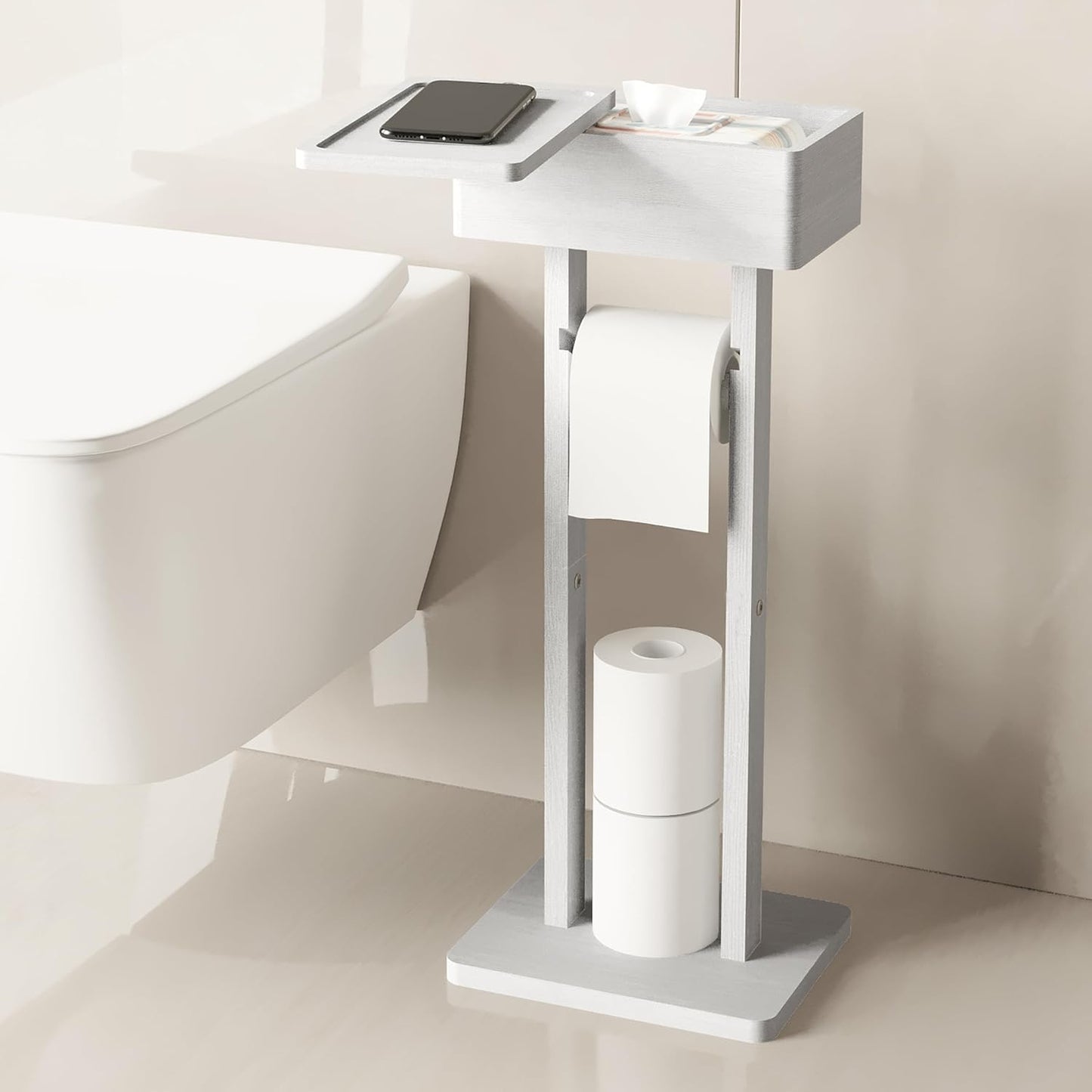 4-in-1 White Toilet Paper Holder Stand with Storage Shelf Box