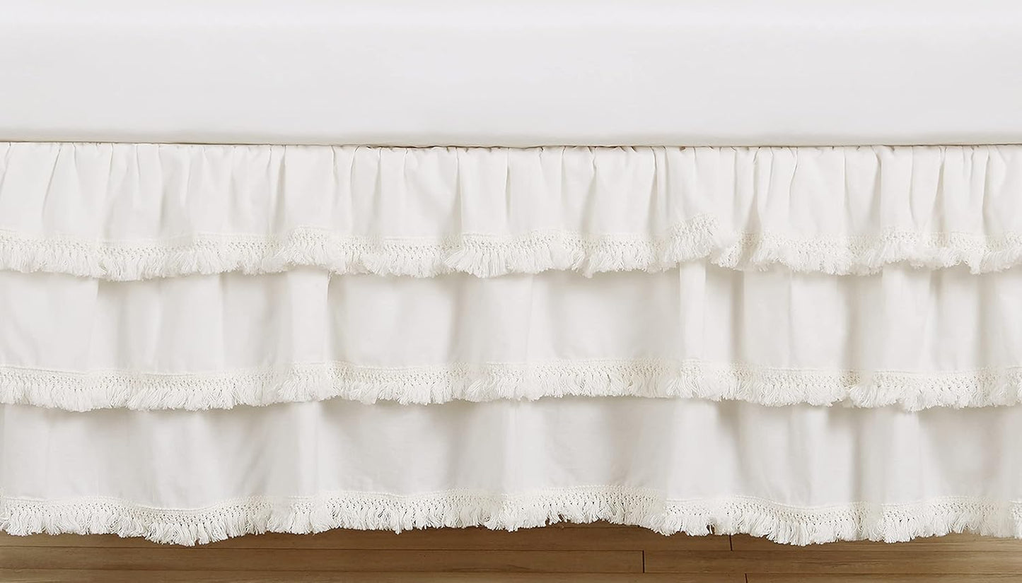 Ivory Boho Baby Nursery Crib Bed Skirt with Tassel Fringe
