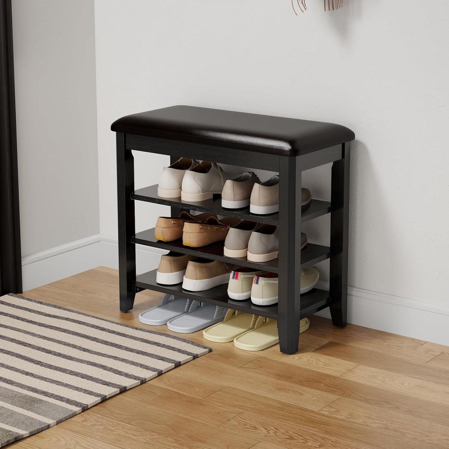 Shoe Bench with Leather Cushion and Adjustable Storage Tiers