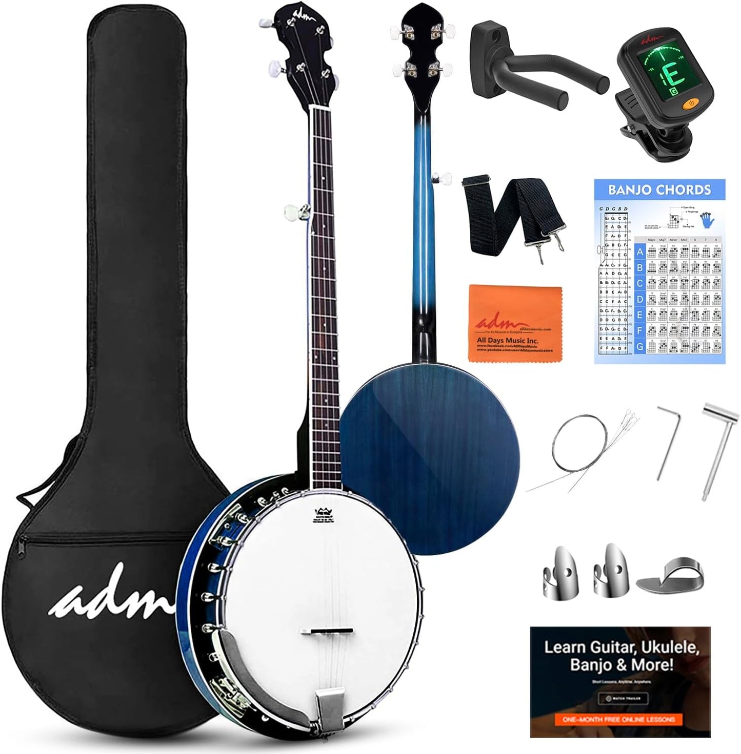 ADM Banjo 5 String Full Size Beginner Kit with Accessories