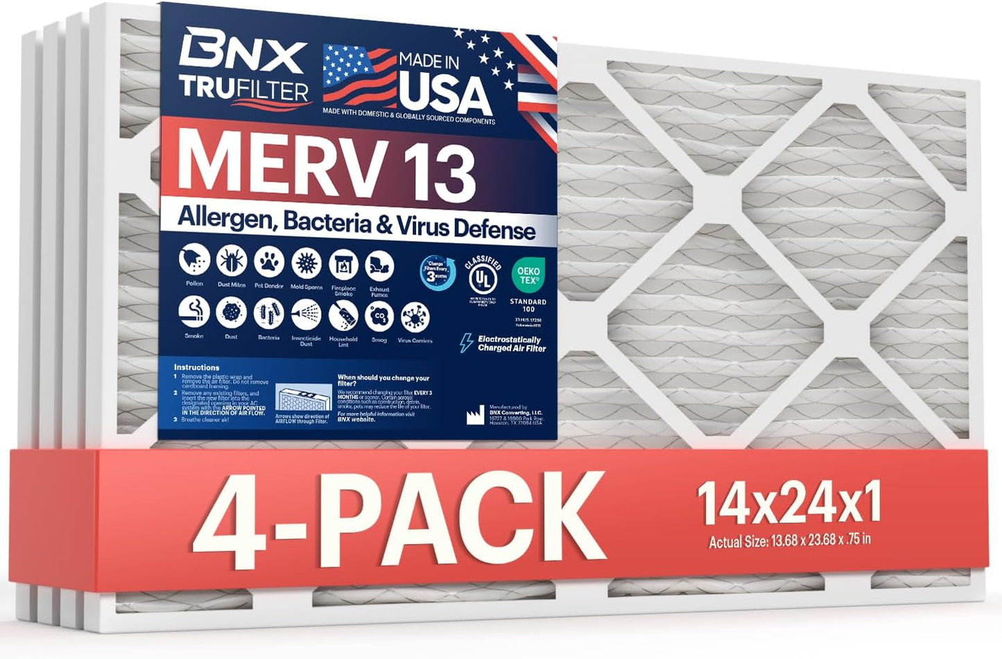 BNX TruFilter 14x24x1 Air Filter MERV 13 for Cleaner Air
