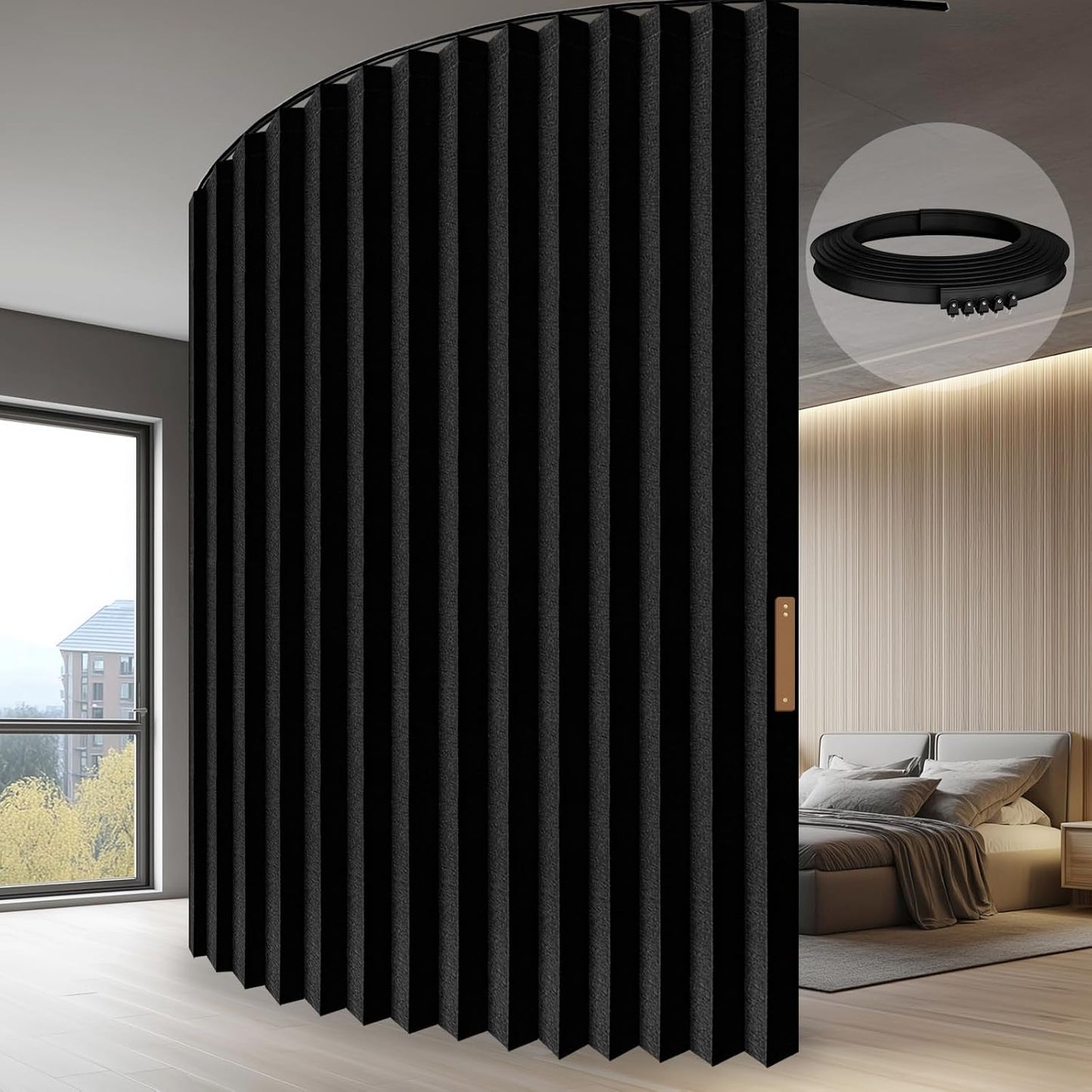 Accordion-Style Room Divider with Ceiling Track for Privacy