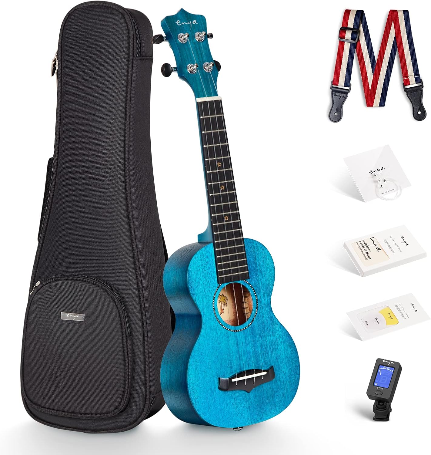 Enya Soprano Ukulele 21in Blue Solid Mahogany Top Beginner Kit