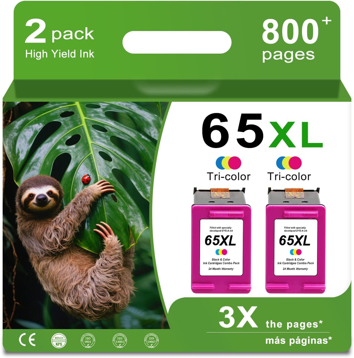 65XL Color Remanufactured Ink Cartridge for HP Printers - 2-Pack