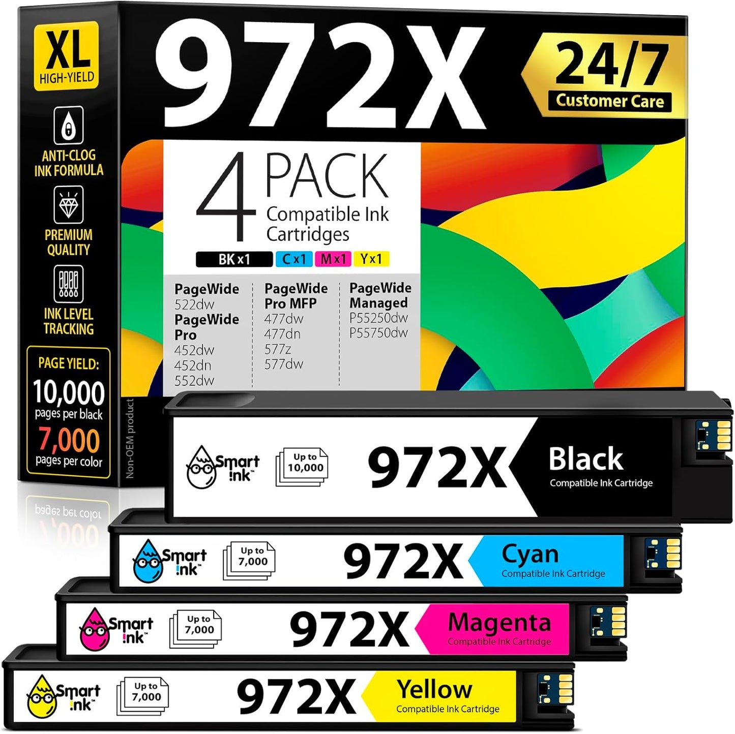 Vivid Prints Guaranteed: Smart Ink 972X 4-Pack for HP PageWide Pro