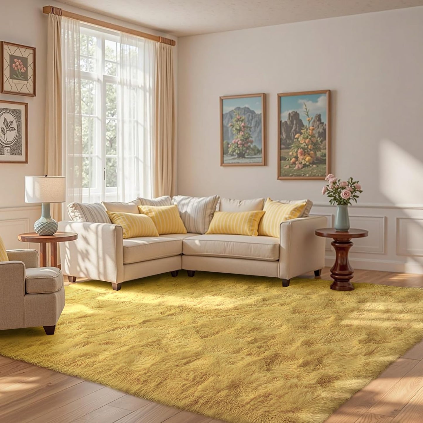 5x7 Yellow Rug for Living Room Shag Area Rugs Fluffy Carpet