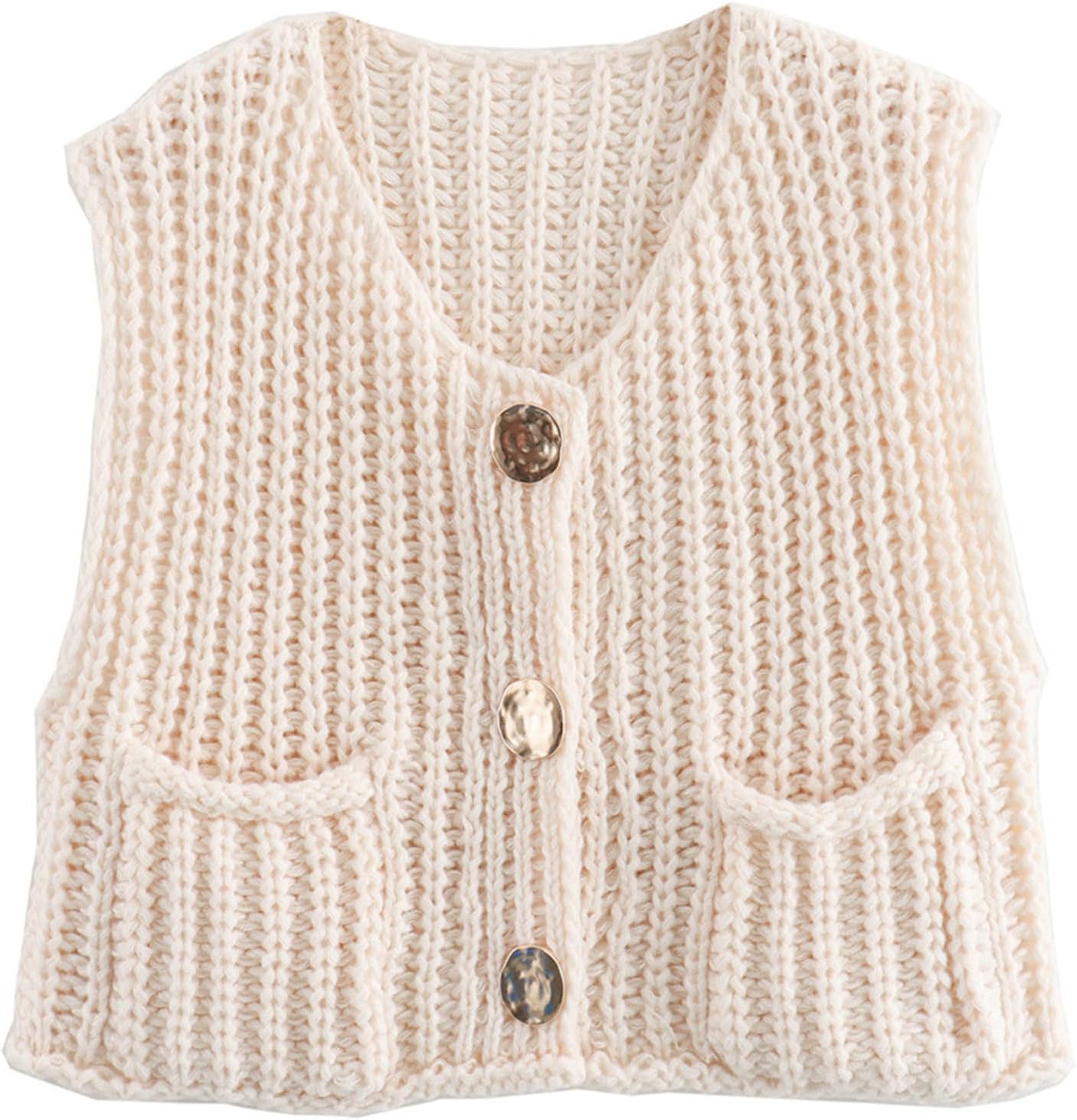 Stylish Women's Sleeveless Cropped Knit Cardigan with Pockets