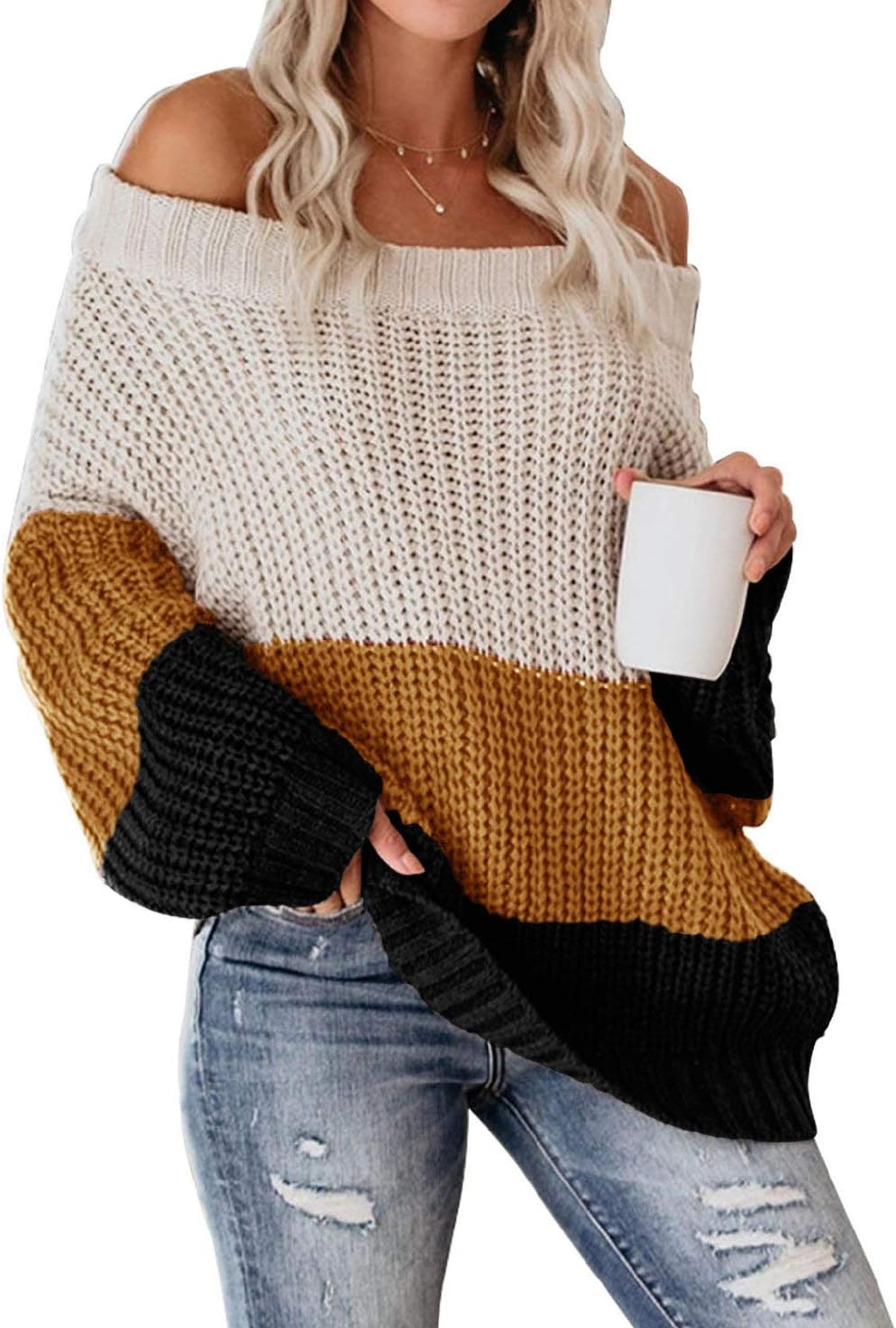 VIMPUNEC Womens Oversized Sweater Color Block Off The Shoulder