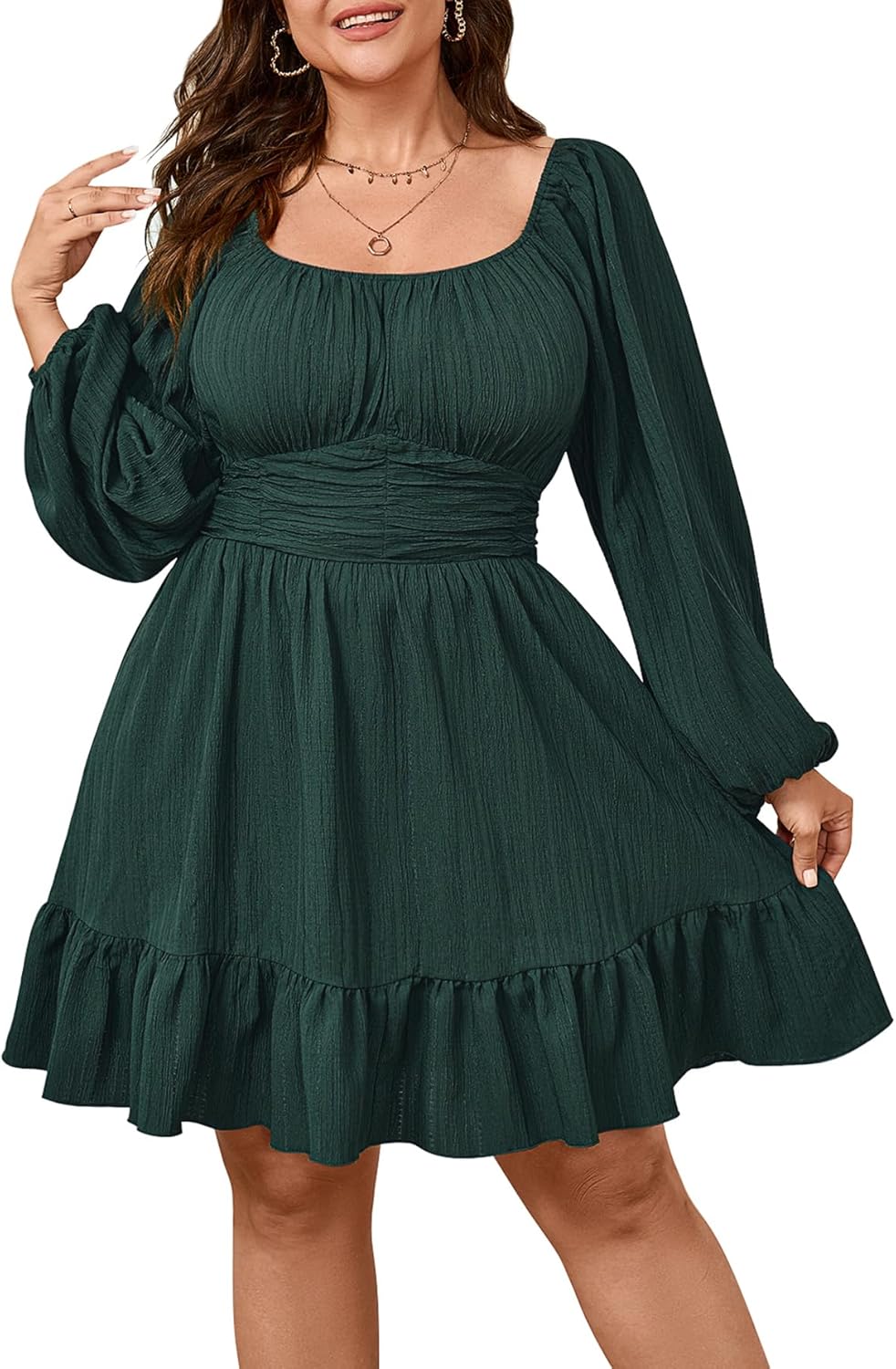 Womens Plus Size Dress with Long Lantern Sleeves and Ruffles