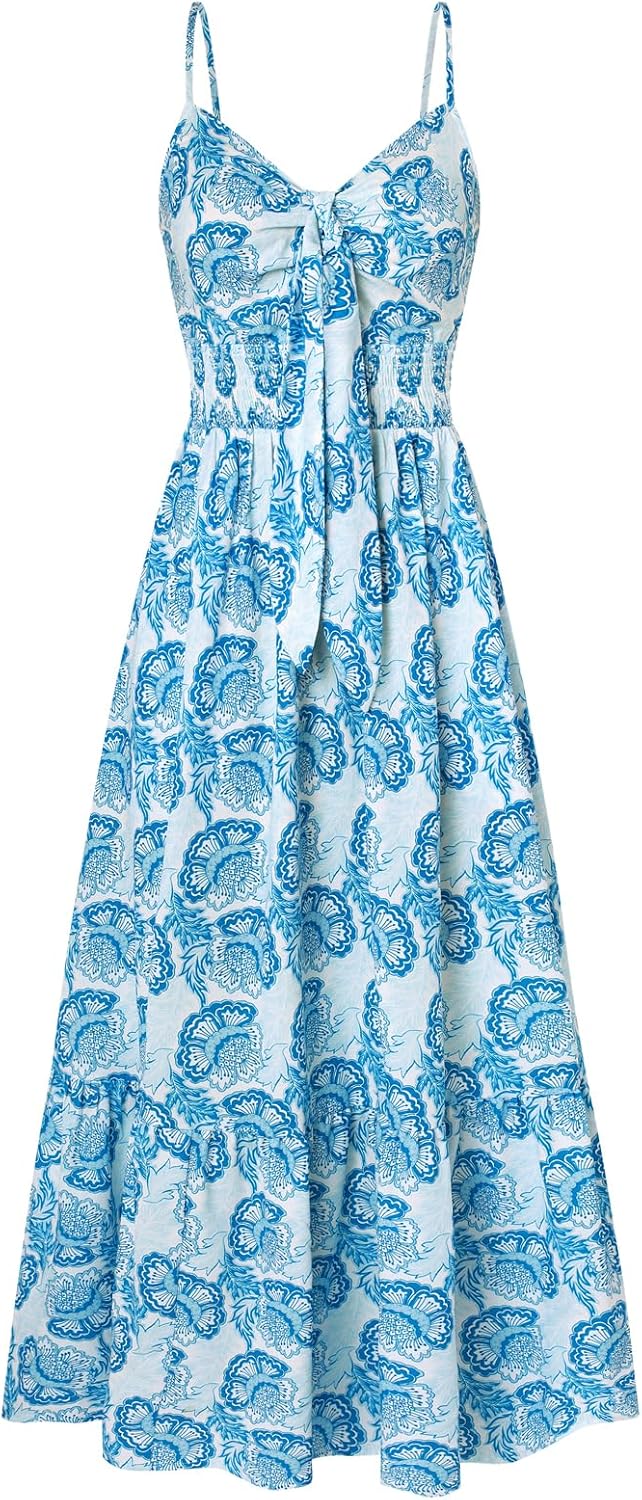 Summer Maxi Dress Floral Tie Front Spaghetti Strap Casual Style