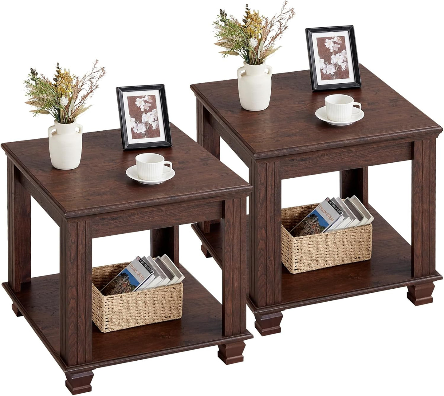 Farmhouse End Table Set of 2 with Rustic Brown Finish