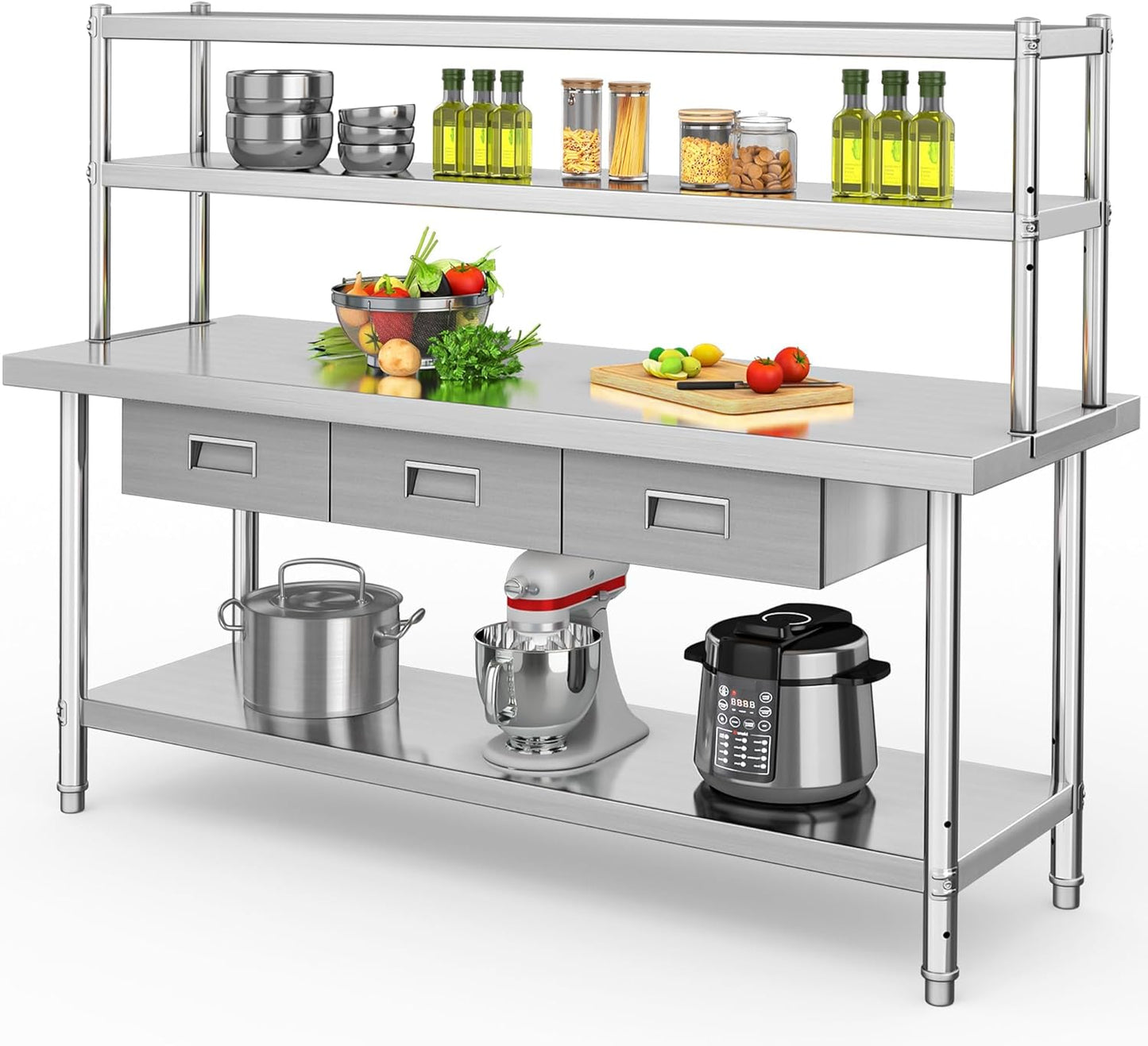 YITAHOME Stainless Steel Table with Overshelves & Drawers