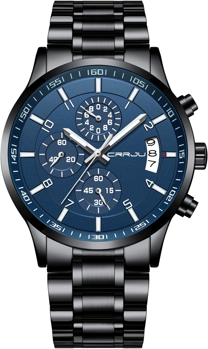 CRRJU Men's Fashion Stainless Steel Watch with Chronograph Features