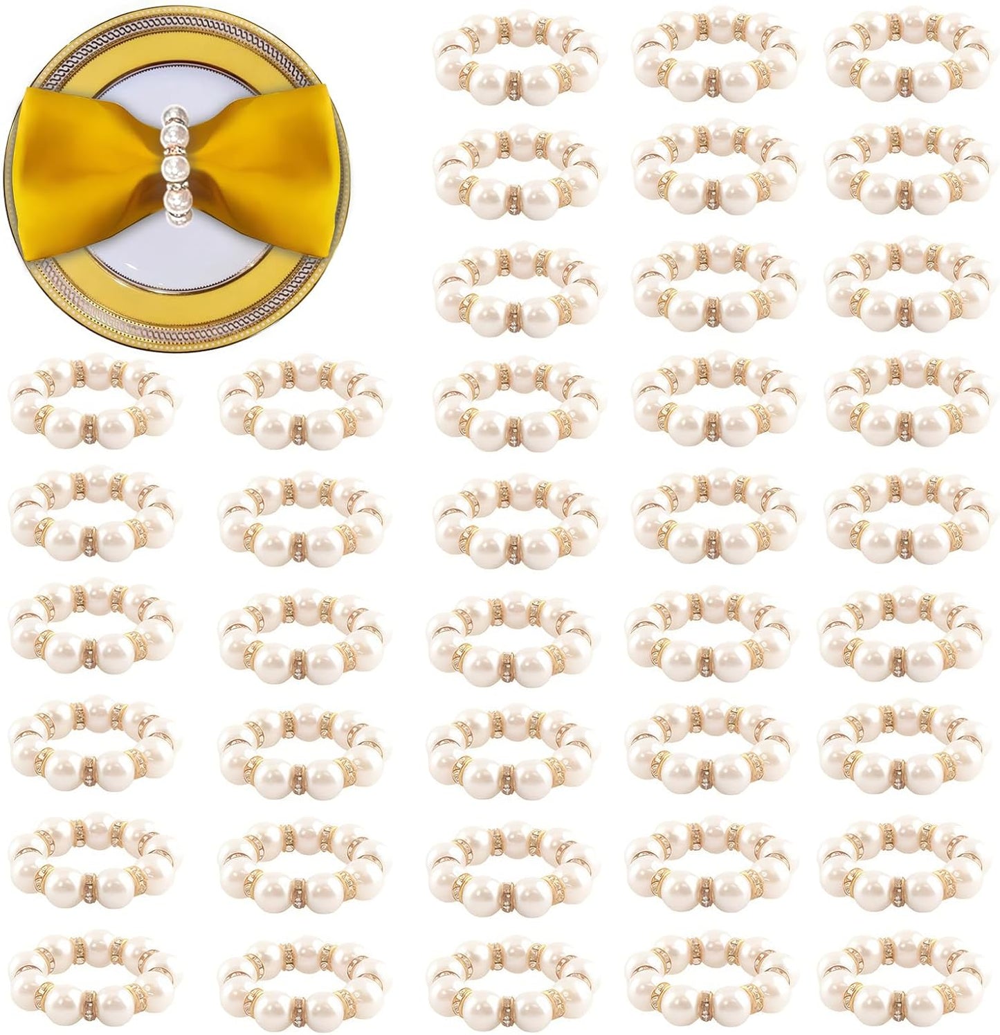 100Pcs Gold Disposable Napkin Rings with Imitation Pearls for Decor