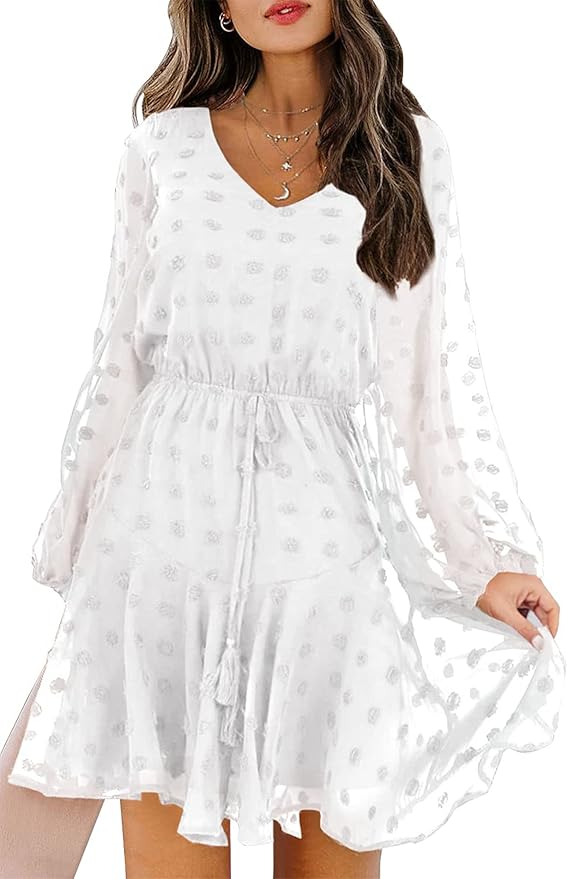 KIRUNDO Women's Fall Long Sleeve V Neck Flowy Mini Dress